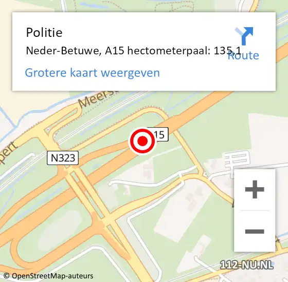 Locatie op kaart van de 112 melding: Politie Neder-Betuwe, A15 hectometerpaal: 135,1 op 10 maart 2022 13:05