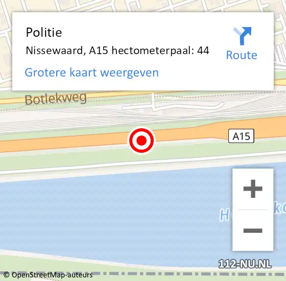 Locatie op kaart van de 112 melding: Politie Nissewaard, A15 hectometerpaal: 44 op 10 maart 2022 14:44