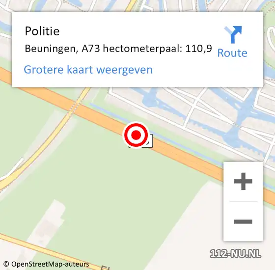 Locatie op kaart van de 112 melding: Politie Beuningen, A73 hectometerpaal: 110,9 op 10 maart 2022 15:00