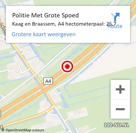 Locatie op kaart van de 112 melding: Politie Met Grote Spoed Naar Kaag en Braassem, A4 hectometerpaal: 25,7 op 10 maart 2022 15:28