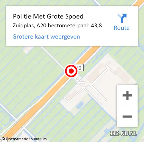 Locatie op kaart van de 112 melding: Politie Met Grote Spoed Naar Zuidplas, A20 hectometerpaal: 43,8 op 10 maart 2022 16:26