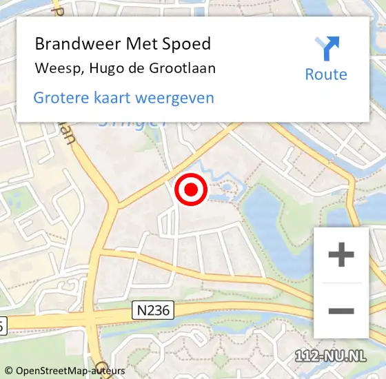 Locatie op kaart van de 112 melding: Brandweer Met Spoed Naar Weesp, Hugo de Grootlaan op 10 maart 2022 17:38