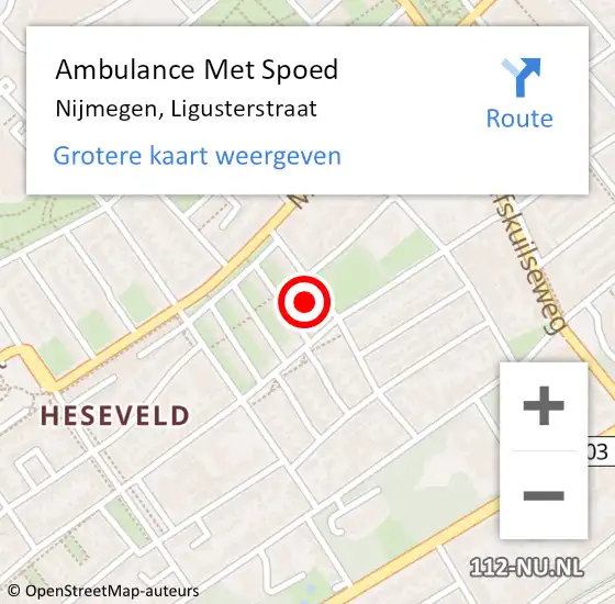 Locatie op kaart van de 112 melding: Ambulance Met Spoed Naar Nijmegen, Ligusterstraat op 10 maart 2022 18:55