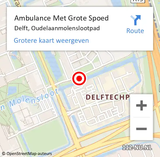 Locatie op kaart van de 112 melding: Ambulance Met Grote Spoed Naar Delft, Oudelaanmolenslootpad op 10 maart 2022 19:14