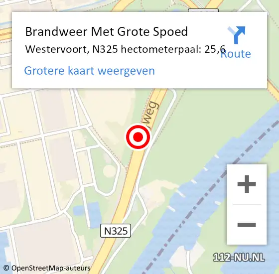 Locatie op kaart van de 112 melding: Brandweer Met Grote Spoed Naar Westervoort, N325 hectometerpaal: 25,6 op 10 maart 2022 21:56