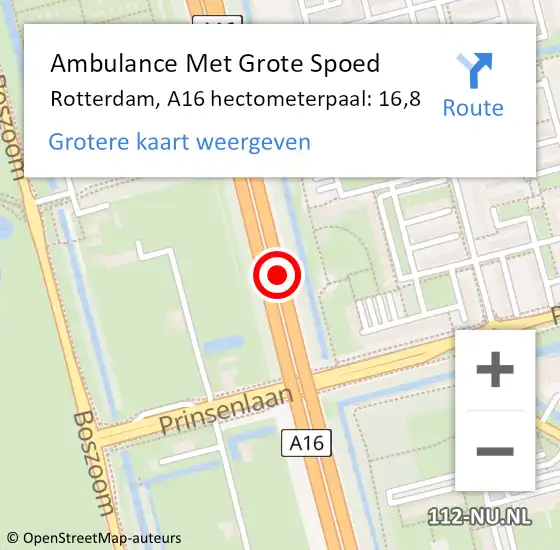 Locatie op kaart van de 112 melding: Ambulance Met Grote Spoed Naar Rotterdam, A16 hectometerpaal: 16,8 op 10 maart 2022 22:32