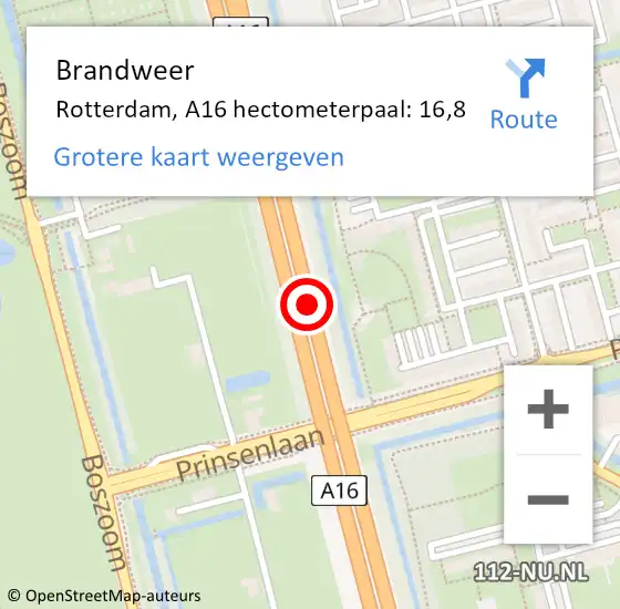 Locatie op kaart van de 112 melding: Brandweer Rotterdam, A16 hectometerpaal: 16,8 op 10 maart 2022 22:53