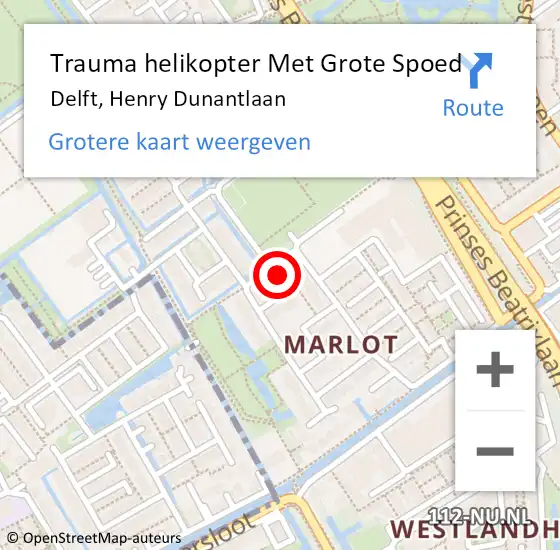 Locatie op kaart van de 112 melding: Trauma helikopter Met Grote Spoed Naar Delft, Henry Dunantlaan op 11 maart 2022 05:34