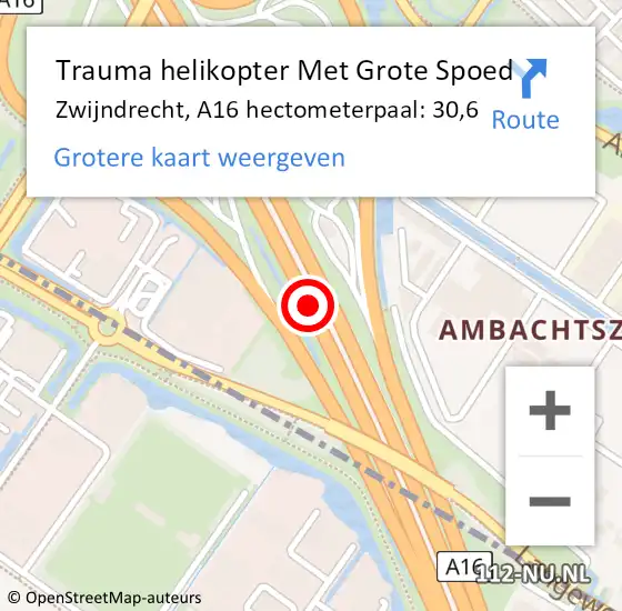 Locatie op kaart van de 112 melding: Trauma helikopter Met Grote Spoed Naar Zwijndrecht, A16 hectometerpaal: 30,6 op 11 maart 2022 09:11