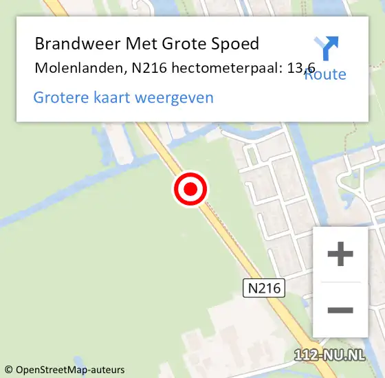 Locatie op kaart van de 112 melding: Brandweer Met Grote Spoed Naar Molenlanden, N216 hectometerpaal: 13,6 op 11 maart 2022 12:23