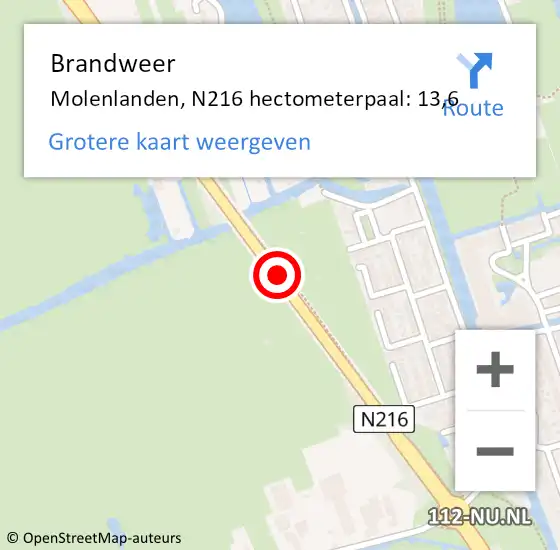 Locatie op kaart van de 112 melding: Brandweer Molenlanden, N216 hectometerpaal: 13,6 op 11 maart 2022 12:51