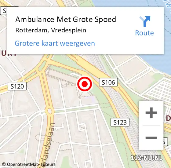 Locatie op kaart van de 112 melding: Ambulance Met Grote Spoed Naar Rotterdam, Vredesplein op 11 maart 2022 14:28