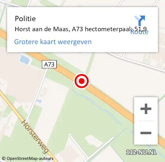 Locatie op kaart van de 112 melding: Politie Horst aan de Maas, A73 hectometerpaal: 51,9 op 11 maart 2022 15:28