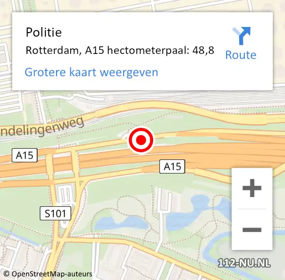 Locatie op kaart van de 112 melding: Politie Rotterdam, A15 hectometerpaal: 48,8 op 11 maart 2022 15:33