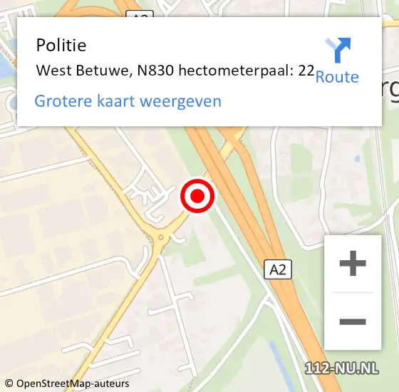 Locatie op kaart van de 112 melding: Politie West Betuwe, N830 hectometerpaal: 22 op 11 maart 2022 16:35