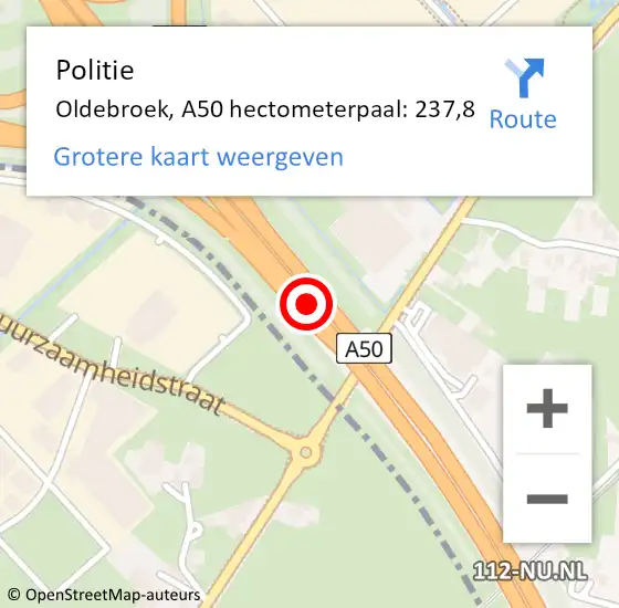 Locatie op kaart van de 112 melding: Politie Oldebroek, A50 hectometerpaal: 237,8 op 11 maart 2022 16:38