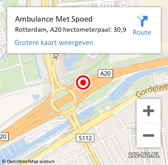 Locatie op kaart van de 112 melding: Ambulance Met Spoed Naar Rotterdam, A20 hectometerpaal: 30,9 op 11 maart 2022 16:43