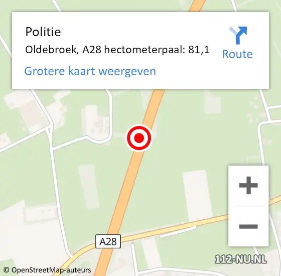 Locatie op kaart van de 112 melding: Politie Oldebroek, A28 hectometerpaal: 81,1 op 11 maart 2022 17:17