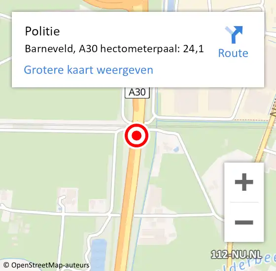 Locatie op kaart van de 112 melding: Politie Barneveld, A30 hectometerpaal: 24,1 op 11 maart 2022 17:59