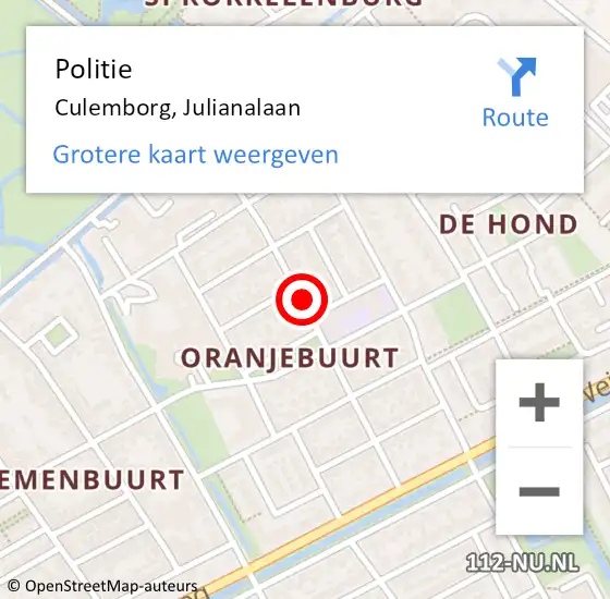 Locatie op kaart van de 112 melding: Politie Culemborg, Julianalaan op 10 juli 2014 19:33