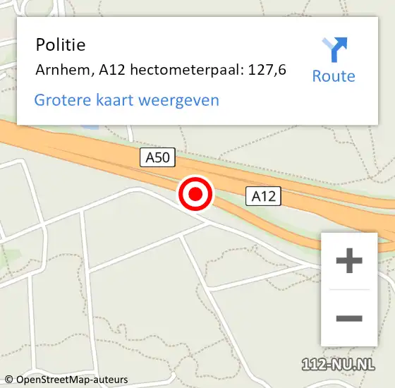 Locatie op kaart van de 112 melding: Politie Arnhem, A12 hectometerpaal: 127,6 op 11 maart 2022 21:40