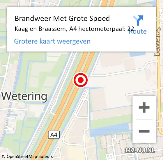 Locatie op kaart van de 112 melding: Brandweer Met Grote Spoed Naar Kaag en Braassem, A4 hectometerpaal: 22 op 11 maart 2022 23:38