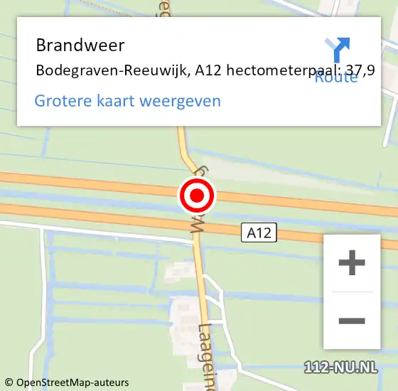 Locatie op kaart van de 112 melding: Brandweer Bodegraven-Reeuwijk, A12 hectometerpaal: 37,9 op 12 maart 2022 01:42