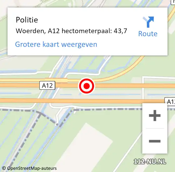 Locatie op kaart van de 112 melding: Politie Woerden, A12 hectometerpaal: 43,7 op 12 maart 2022 07:00