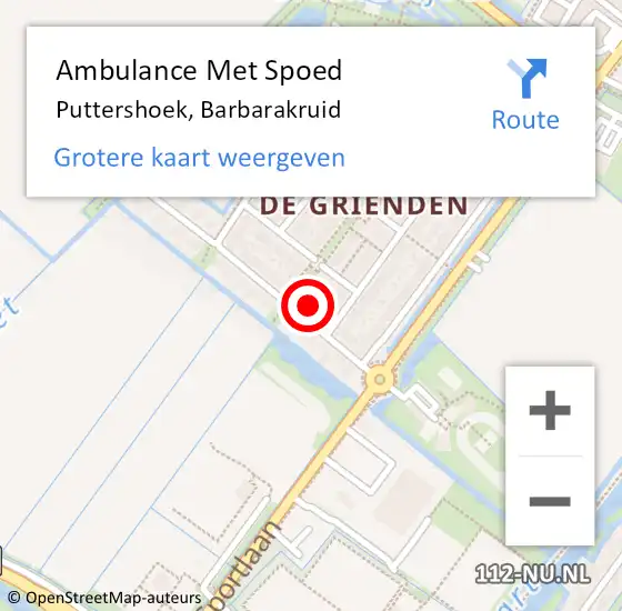 Locatie op kaart van de 112 melding: Ambulance Met Spoed Naar Puttershoek, Barbarakruid op 12 maart 2022 10:28