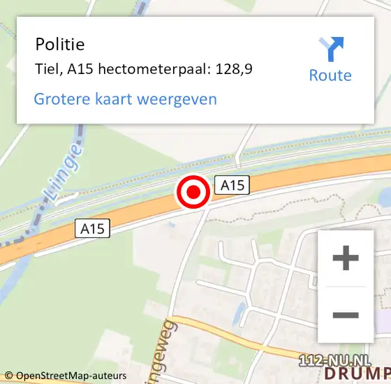 Locatie op kaart van de 112 melding: Politie Tiel, A15 hectometerpaal: 128,9 op 12 maart 2022 16:33