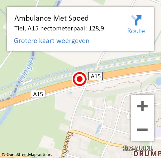 Locatie op kaart van de 112 melding: Ambulance Met Spoed Naar Tiel, A15 hectometerpaal: 128,9 op 12 maart 2022 16:34