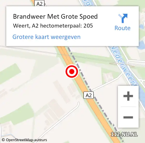 Locatie op kaart van de 112 melding: Brandweer Met Grote Spoed Naar Weert, A2 hectometerpaal: 205 op 12 maart 2022 16:48