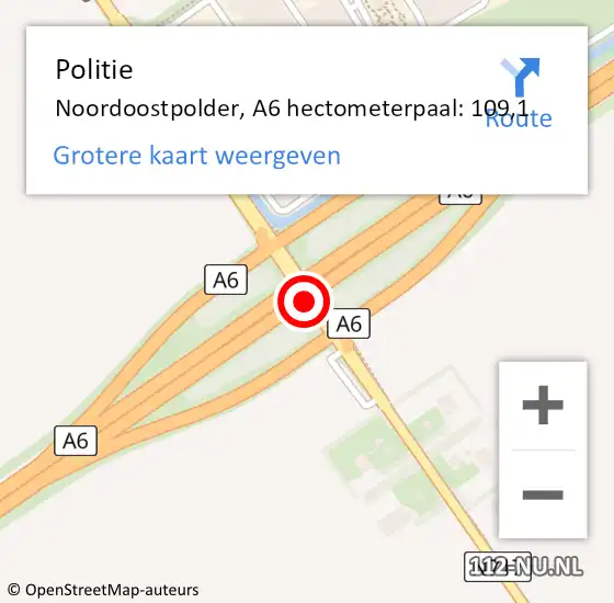 Locatie op kaart van de 112 melding: Politie Noordoostpolder, A6 hectometerpaal: 109,1 op 12 maart 2022 17:19