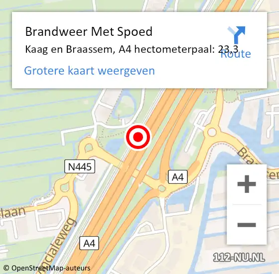 Locatie op kaart van de 112 melding: Brandweer Met Spoed Naar Kaag en Braassem, A4 hectometerpaal: 23,3 op 12 maart 2022 17:56