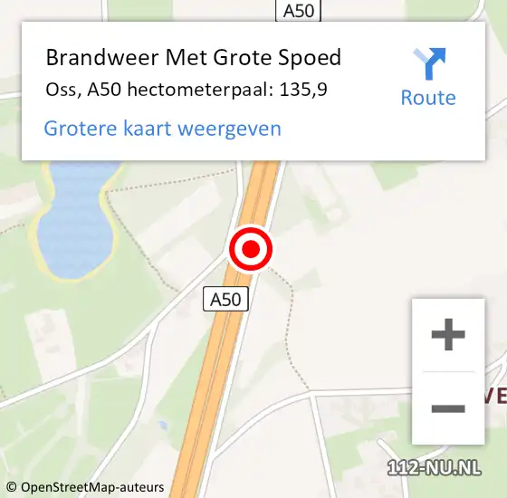 Locatie op kaart van de 112 melding: Brandweer Met Grote Spoed Naar Oss, A50 hectometerpaal: 135,9 op 12 maart 2022 18:06