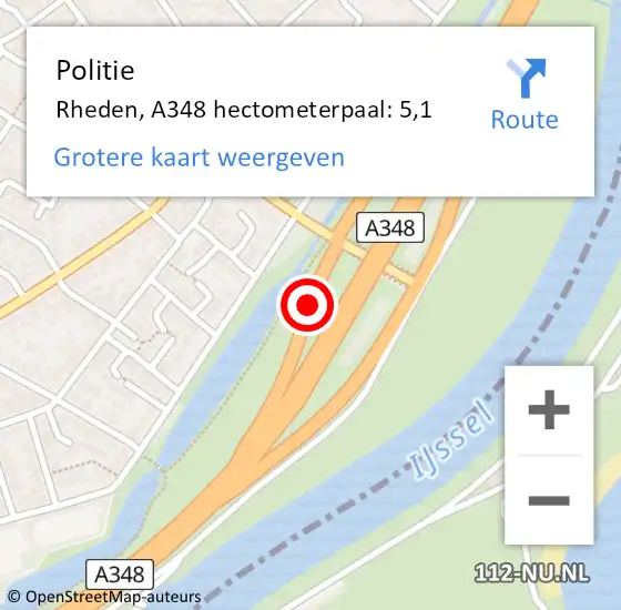 Locatie op kaart van de 112 melding: Politie Rheden, A348 hectometerpaal: 5,1 op 12 maart 2022 18:53