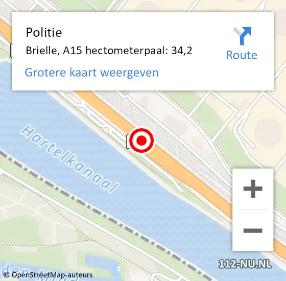 Locatie op kaart van de 112 melding: Politie Brielle, A15 hectometerpaal: 34,2 op 12 maart 2022 22:24