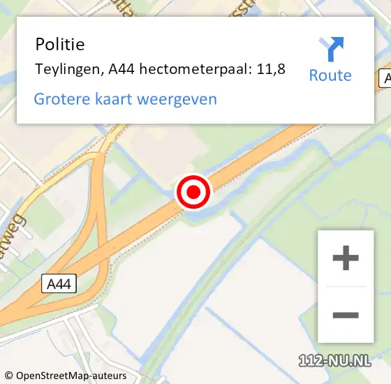 Locatie op kaart van de 112 melding: Politie Teylingen, A44 hectometerpaal: 11,8 op 12 maart 2022 23:18