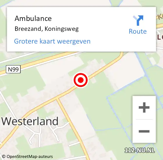 Locatie op kaart van de 112 melding: Ambulance Breezand, Koningsweg op 12 maart 2022 23:48