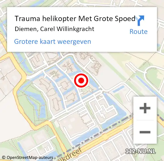 Locatie op kaart van de 112 melding: Trauma helikopter Met Grote Spoed Naar Diemen, Carel Willinkgracht op 13 maart 2022 08:47