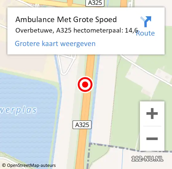 Locatie op kaart van de 112 melding: Ambulance Met Grote Spoed Naar Overbetuwe, A325 hectometerpaal: 14,6 op 13 maart 2022 11:28