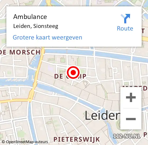 Locatie op kaart van de 112 melding: Ambulance Leiden, Sionsteeg op 10 juli 2014 22:59