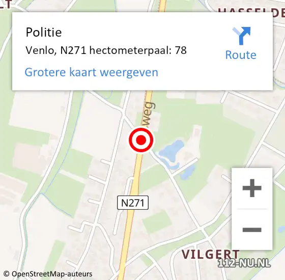 Locatie op kaart van de 112 melding: Politie Venlo, N271 hectometerpaal: 78 op 13 maart 2022 14:51