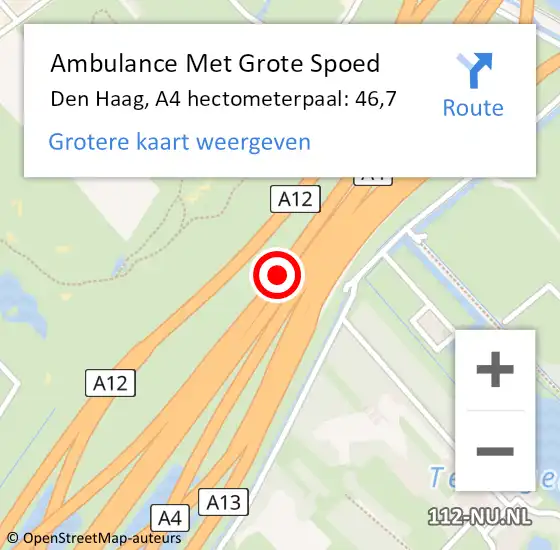 Locatie op kaart van de 112 melding: Ambulance Met Grote Spoed Naar Den Haag, A4 hectometerpaal: 46,7 op 13 maart 2022 16:29