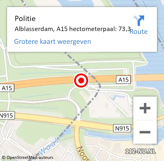 Locatie op kaart van de 112 melding: Politie Ridderkerk, A15 hectometerpaal: 73,3 op 13 maart 2022 16:44