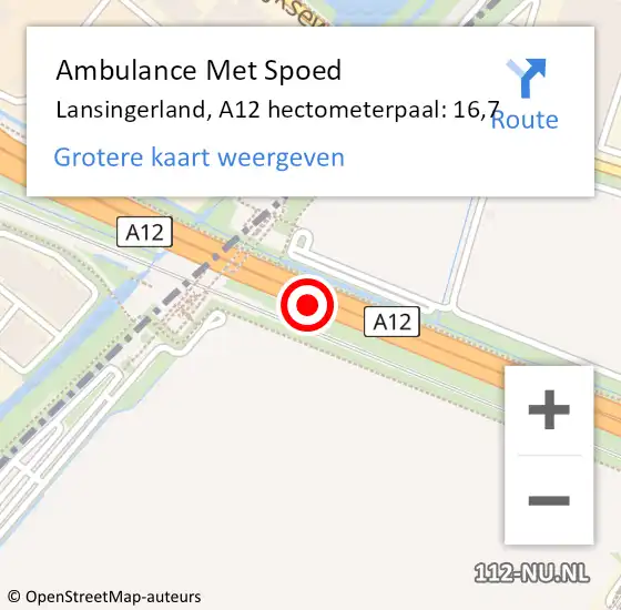 Locatie op kaart van de 112 melding: Ambulance Met Spoed Naar Lansingerland, A12 hectometerpaal: 16,7 op 13 maart 2022 16:51