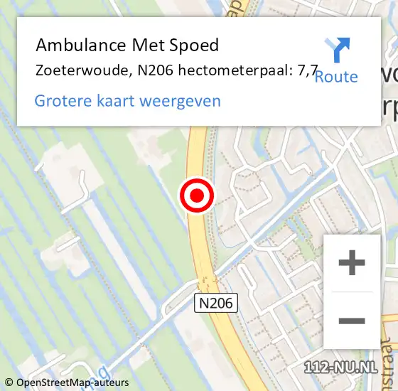 Locatie op kaart van de 112 melding: Ambulance Met Spoed Naar Zoeterwoude, N206 hectometerpaal: 7,7 op 13 maart 2022 18:31