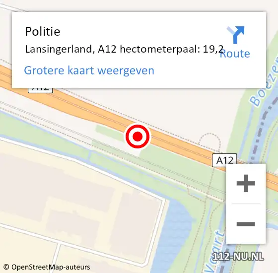Locatie op kaart van de 112 melding: Politie Lansingerland, A12 hectometerpaal: 19,2 op 13 maart 2022 19:00
