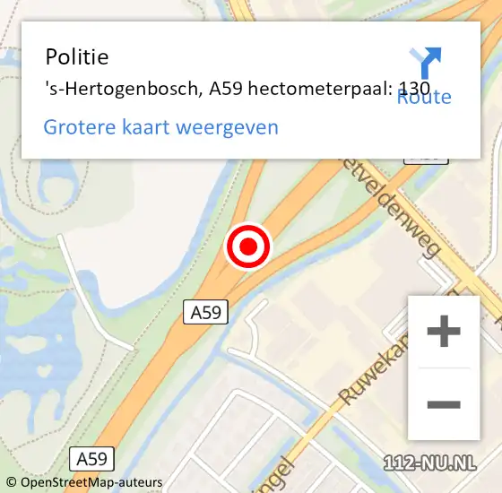 Locatie op kaart van de 112 melding: Politie 's-Hertogenbosch, A59 hectometerpaal: 130 op 13 maart 2022 21:42