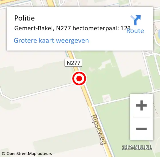 Locatie op kaart van de 112 melding: Politie Gemert-Bakel, N277 hectometerpaal: 123 op 13 maart 2022 23:09
